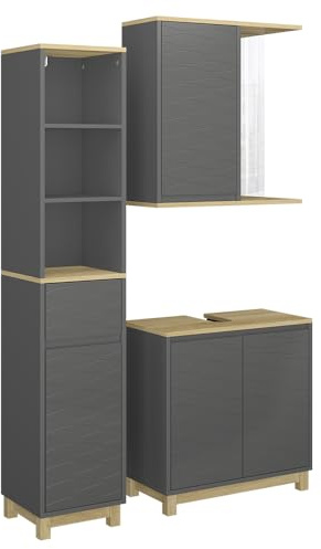 Vicco Badmöbel-Set Livia, Anthrazit/Eiche, 60 cm | besteht aus Waschbeckenunterschrank, Spiegelschrank und Hochschrank