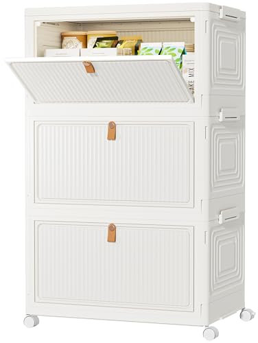 HOMIDEC Storage Boxes with Lids,33 Litre 3 Pack Stackable Boxes with Wheels,Foldable Storage Drawers,Plastic Unit for Toys/Office Supplies/Snacks/Books/Clothes