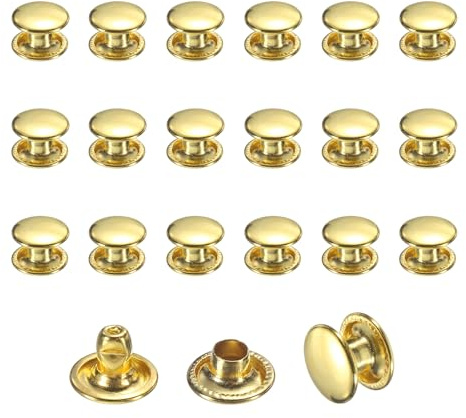 sourcing map 120 Sets Leather Rivets, 8mm Double Cap Rivets, 6mm Height Tubular Metal Studs for Leather Craft Repair and Decoration DIY Clothes, Shoes, Bags, Belts, Gold