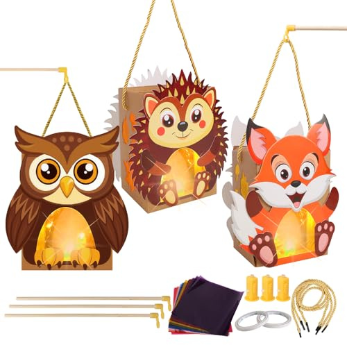 TGFIX 3SET Herbst Basteln mit Kindern Laternen Bastelset mit Stab Led Igel Eule Fuchs DIY Martinslaternen Halloween Basteln Lampions für Jung Mädchen Sankt Martin Martinsumzug