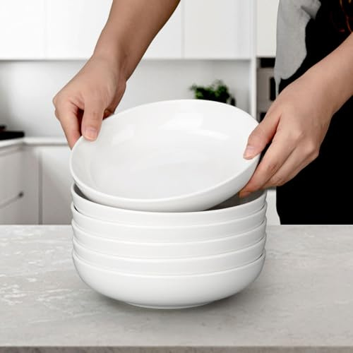 Lot de 6 assiettes à pâtes en céramique émaillée de 20,32 cm, passent au micro-ondes, grandes assiettes à salade, assiettes creuses, ensemble de cuisine, blanches