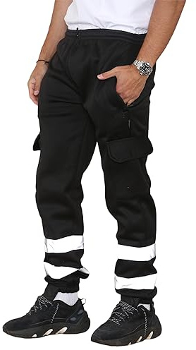 Hi Viz Mens Fleece Work Trousers Reflective Tape Band Safety Hi Vis Joggers, Men Warm High Visibility Two Tone Combat Side Pockets Bottoms Workwear Pants UK Plus Size S-5XL, (Black - M)