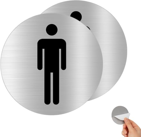 Señal Autoadhesiva de Aluminio WC Hombre Ø100 mm – Placa Redonda 0,8 mm – Pack 2 – Cartel Aseo Masculino para Baños, Lavabos y Zonas Comunes