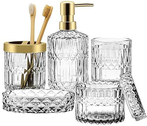 5 Stück Badezimmer Zubehör Set aus Glas, Seifenspender, Seifenschale, Zahnbürstenhalter, Becher & Wattestäbchen Glas, modernes Dekor für Badezimmer Schminktisch, Elegante Praktische Aufbewahrung
