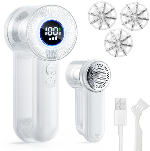 Fusselrasierer Elektrisch, 1800mAh USB Aufladbar Fusselentferner für Kleidung & Möbe, 3 Geschwindigkeiten, LED-Display, Fusselrasierer Elektrisch mit 3 Austauschbar Klingen für Verschiedene Stoffe