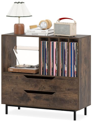 RELAX4LIFE Supporto per Giradischi, Scaffale per Dischi in Vinile con Ripiani Aperti e 2 Cassetti, Kit Anti-Ribaltamento, Mobile Espositore per Dischi per Camera da Letto, Soggiorno, Studio (Marrone)