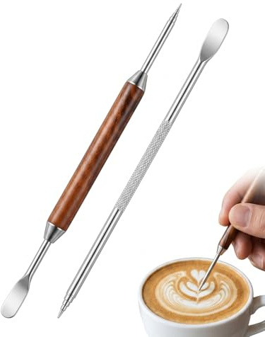 AEUXZA Set di 2 Penne per Latte Art, Ago da Barista Professionale in Acciaio Inox e Legno di Pero, Strumento per Decorare Caffè Cappuccino Espresso e Schiuma