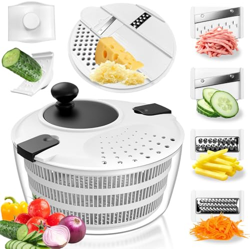 Salad Spinner Large, 4L Lettuce Spinner Salad Dryer Fruit Vegetable Washing Basket and Serving Bowl with 5 Blade Slicer Shredder for Efficient Salad Preparation and Food Washing