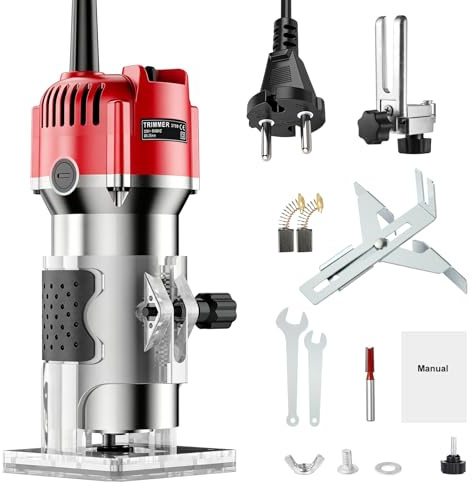 Fresa Elettrica per Legno 800W, Fresatrice Manuale 30000 Giri/min con Guida a Rullo e Guida Lineare, Rifilatore per Legno con Pinza 6,35mm, Fresa per Scanalature Bordi Profili e Incisioni