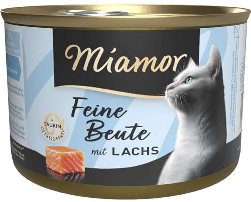 MIAMOR - Preda fine | Cibo umido per gatti adulti con 7 varietà di carne e frattaglie. Alimento completo senza cereali con taurina in lattina senza additivi artificiali | 12 x 185 g di salmone