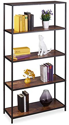 Relaxdays Bücherregal Vintage 5 Ablagen, industrial, Büro, Wohnzimmer, Standregal in HBT 150x77x33 cm, Holzoptik/schwarz