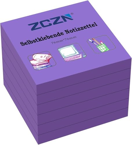ZCZN Haftnotiz Sticky Notes Selbstklebende Haftnotizzettel Notizzettel Klebezettel 6 Blöcke, 80 Blatt, 76 x 76 mm, lila