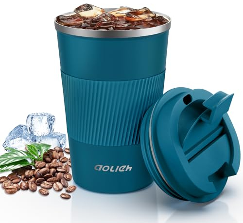 Aolieh Travel Mug, Insulated Coffee Cup with Lid, Reusable Double Walled Vacuum Flask Leakproof Coffee Mug, Stainless Steel Thermal Cup for Hot Cold Drinks, Coffee, Tea and Beer, Blue 380ml