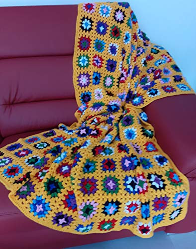 Patchwork Decke 120x200, gelb, XXL, Tagesdecke, Plaid, gehäkelt, Granny Square, Handarbeit, Vintage Look