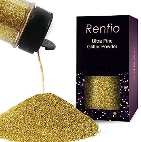 Renfio Ultra-fint glitterpulver i metalliskt harts, 60 g, PET-flingor för hantverksdekorationer och glas, 0,2 mm, guldfärg