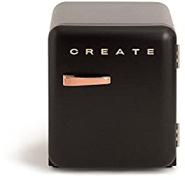 CREATE / RETRO FRIDGE 50 ROSE GOLD/Frigorifero nero con maniglia oro rosa / 85W, minibar, un ripiano, design retro, 50 cm, due mensole, capacità di 48L, basso consumo, 50x44x49,8 cm.