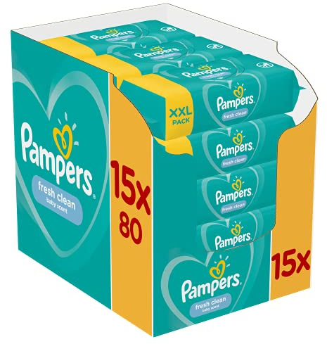 Pampers Fresh Clean Baby Wipes 15 Packs of 80 Baby Wipes = 1200 Wipes, Baby Scent, Also Great For Hands And Face