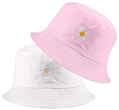 SUNTRADE Unisex Fischerhut, doppelseitig, Stickerei, Sommer, Reisen, Strand, Sonnenblende, Outdoor, verstaubare Kappe (Rosa-Weiß), rosa/weiß