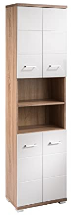 byLIVING Badezimmer-Hochschrank Nebraska/Badschrank Sonoma Eiche, Türen Hochglanz weiß lackiert/Badezimmerschrank 4 Türen mit offenen Elementen & viel Stauraum/B 50, H 192, T 31,5 cm