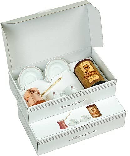 Turkish Coffee Set 2 Cup Copper Pot Porcelain Gift Box 250gr Coffee UK