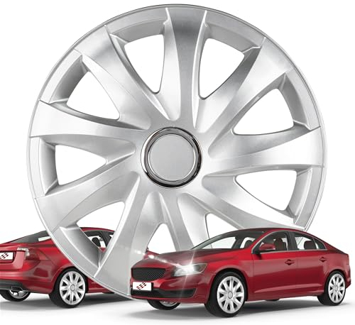 WALSER Premium Radkappen Drifter, 4er Set Radkappen Auszeichnung Sehr Gut*, Radzierblenden 14 Zoll, Radblenden für Alufelgen Stahlfelgen, Auto Radzierblende Silber - Made in Europe