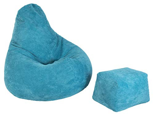 Loft 25 sitzsack Cord mit Fußhocker – Gaming sitzsack mit füllung, Komfortabler Bean Bag Erwachsene mit Rückenlehne,sitzsäcke,Bean Bag Chair (Blaugrün, Sitzsack + Fußhocker)