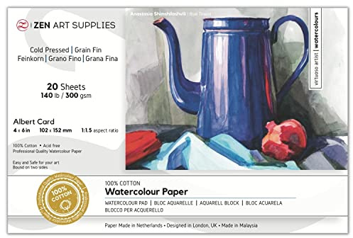 Papier Aquarelle 100% Coton 300g - 10x15 cm - 20 Feuilles Pressées à Froid, Sans Acide, Carnet Aquarelle de Voyage, Reliure à 2 Côtés - Pour Aquarelle, Gouache, Encre, Acrylique et Techniques Mixtes