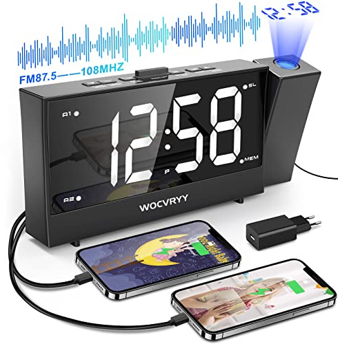 WOCVRYY Projektion Wecker, Digital Wecker mit 180° Projektion,FM- Radio, Zwei USB-Anschlüssen, Schlummeralarme, 12/24H, 4 Projektionshelligkeit