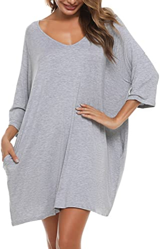 Bresdk Chemise de Nuit Femme Manche 3/4 Coton Modal Vêtements de Nuit Sexy Chic Robe de Nuit Grande Taille Maternité Cover Up Beach