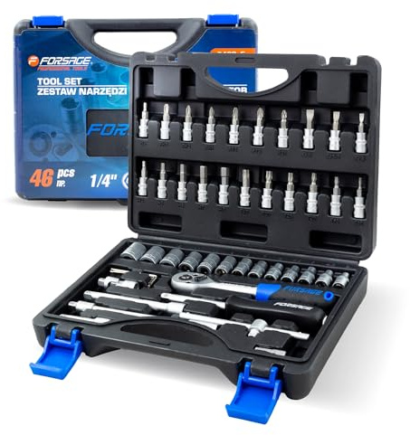 Forsage Werkzeug Set 46 tlg 1/4 Zoll – Steckschlüsselsatz mit 6-Kant Nüssen 4–14 mm, Bits, Ratsche, Verlängerungen, Flexwelle, T-Griff & Kardangelenk im robusten Werkzeugkoffer