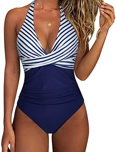 SUUKSESS Women Sexy Tummy Control One Piece Swimsuits Halter Push Up Monokini Bathing Suits (White Blue Striped, L)