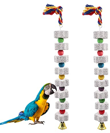 2 Stück Große Vogel Kauspielzeug, Papageienschnabel Schleifen Kalziumstein mit Glocken, Vogelkäfig-Zubehör, Käfigspielzeug für Nymphensittich Papagei Wellensittiche Ratte Hamster Chinchilla Kaninchen