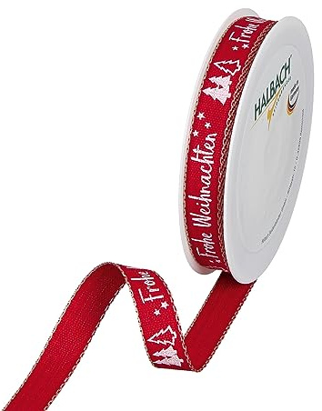 Halbach Geschenkband Weihnachten, 15 mm x 20 m, rot/weiß | Weihnachtliches Druckband mit Häusern und Bäumen mit Leinenkante, meliert, Made in Germany, waschbar und wetter-/farbecht