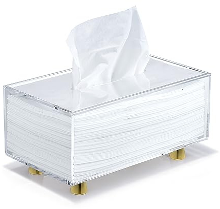 YoBa Thick Acrylic Tissue Box Holder Rectangular Clear Tissue Box Dispenser with 4 Aluminum Legs for Bathroom, Kitchen, Bedroom, Office, Hotels and Restaurant (Clear (Gold Legs), Rectangle)