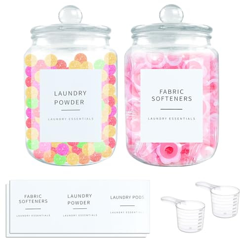 Qivine 2Pcs Washing Powder Storage with Labels, 67.6 OZ Glass Laundry Storage Containers Jar Laundry Detergent Storage Laundry Container for Detergent, Washing Powder, Detergent Dispenser