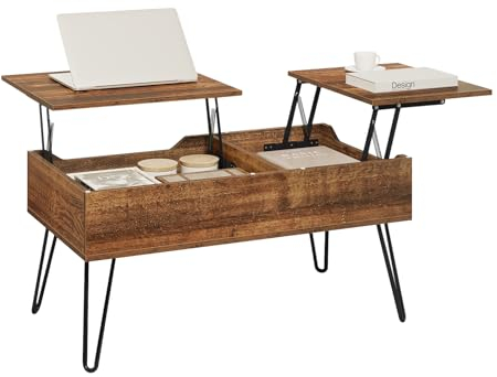 WOLTU Couchtisch, höhenverstellbarer Wohnzimmertisch, Kaffeetisch, Auszug, Versenkbarer Couchtisch, Separates Verstecktes Ablagefach, Doppelte Hubplatte, Sofatisch Vintagebraun, Holzwerkstoff, Metall
