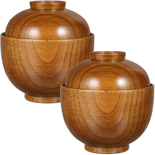 Luxshiny Miso Bowl with Lid: 2pcs Wooden Japanese Bowls Lacquered Rice Bowls Traditional Soup Bowls Food Serving Bowl Salad Snack Bowls for Home Kitchen Restaurant Brown, 15X4859P2G