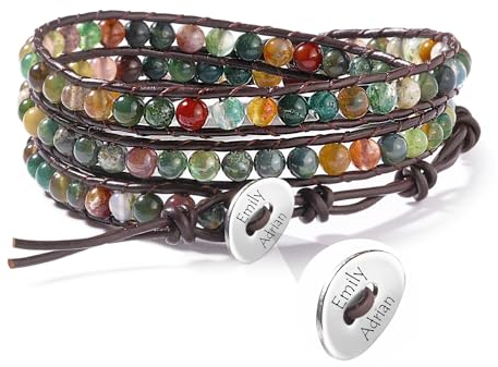 MOWOM Individuelles Perlen-Wickelarmband für Damen Graviertes Namensfoto Handgefertigtes Armband mit natürlichen Achatperlen Böhmischer Stil 3 Wraps Verstellbare Armbänder Schmuckgeschenke A3