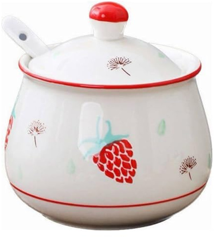 KKGUD Bonito azucarero pintado a mano, tarro de condimentos, maceta de condimentos de cerámica para decoración de cocina de restaurante, patrón de fresa, 320 ml