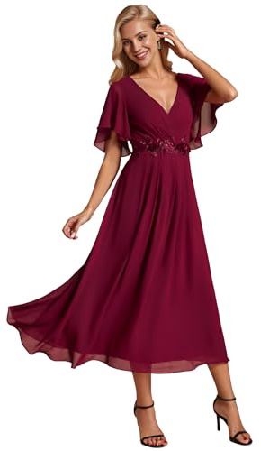 Ever-Pretty Robe d'Invité de Mariage Femme Appliqué Manches Volantées Col V Mousseline EG02093