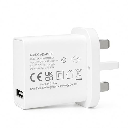 15W USB Charger UK Plug, White 5V 3A USB-A Power Adapter for Phone & Tablet