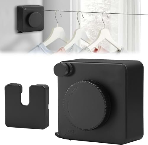 Tendedero Retractil Pared 4.8M, Tendedero Extensible Pared Exterior, Sin Taladro o Con Tornillos, Cuerda Retráctil de Acero Inoxidable para Interiores y Exteriores Balcón Lavadero, hasta 20 kg (Negro)