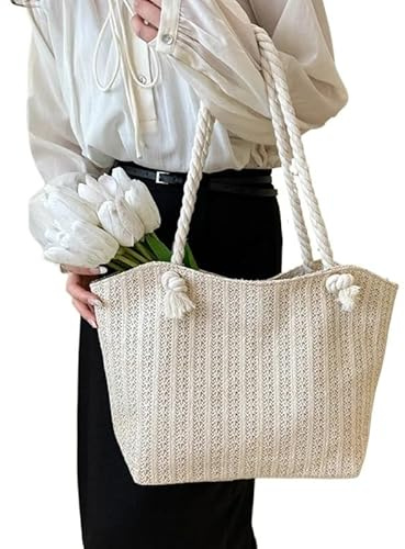 WANGSHAOWEI Strohtasche Große Kapazität Tote Handtasche Frauen Stroh Tasche Sommer Strand Urlaub Schulter Tasche Runde Strohtasche(Beige)