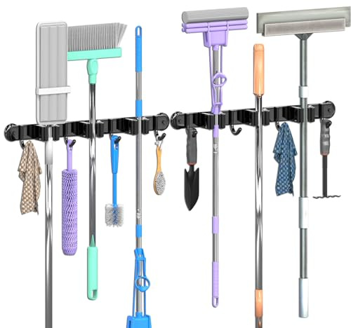 3-H Besenhalterung Wand 2 Stück,2-in-1 Dual Montage(Stabile Schraubmontage oder Wandschonende Magnetbefestigung),Edelstahl Gerätehalter Wandhalterung für Garten Garage Keller(3Halter & 4Haken,Schwarz)
