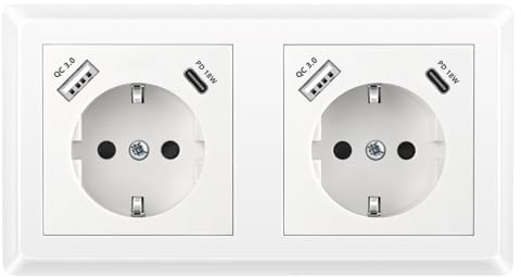 Kaifire Doppelsteckdose mit 2 USB Ladegerät und 2 Typ C (PD 18W), Schuko USB Steckdose Unterputz Schnellladegerät System 55 Reinweiß Glänzend Wandsteckdose für Smartphone Tablet MP3