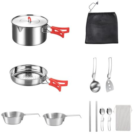 Batterie de cuisine d'extérieur – Ensemble de poêles et casseroles en acier inoxydable pour camping, équipement de cuisine compact pour camping-car, randonnée et randonnée – Batterie de cuisine en