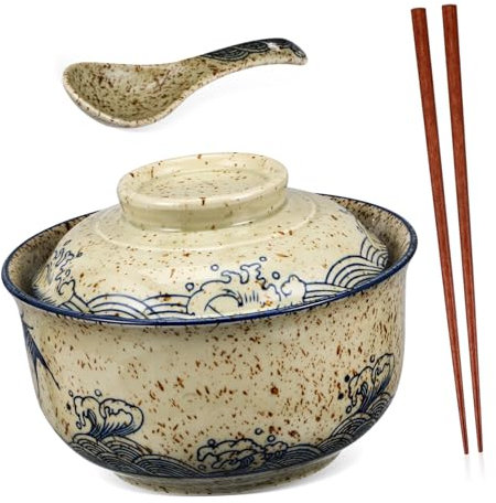 VOSAREA Ramen Bowl Set Ceramic Covered Bowl Chopsticks Spoon Lid for Instant Noodle Soup Serving
