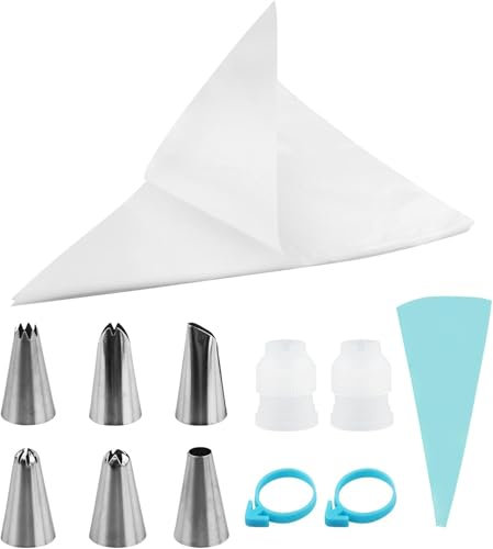 JRSHIRLEYLTD Juego de 100 mangas pasteleras desechables, manga pastelera y boquillas, con 1 manga pastelera reutilizable, 1 acoplador, 6 boquillas de glaseado, 2 cintas para bolsas