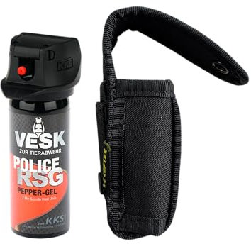 Premium Pfefferspray VESK Police-RSG 50 ml 63 ml + Coptex Holster/Etui für Gürtel/Molle System - schwarz - Gel Schaum Weitstrahl Breitstrahl - Flip-Top-Deckel - EXTREM STARK (Gel, 50 ml)