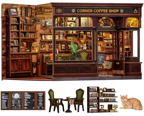 Fsolis Book Nook Kit-Dockhus För Vuxna,Kaffemonter i Retrostil,Bokhylledekor,Gåvor Till Familj Och Vänner (Corner Coffee Shop)